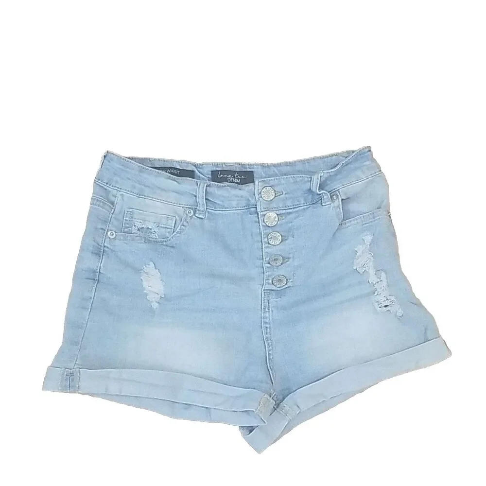 Love Tree High Rise Button Fly Denim Shorts 6 Light Wash Distressed Cutoff Summe